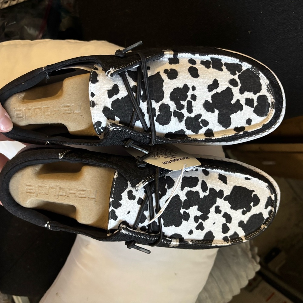 Hey dude Black and White Cow Print Sandals